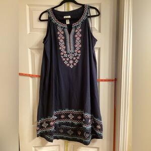 Style & Co. Black Dress with Pink and Teal Embroidery slightly-high/low hemline